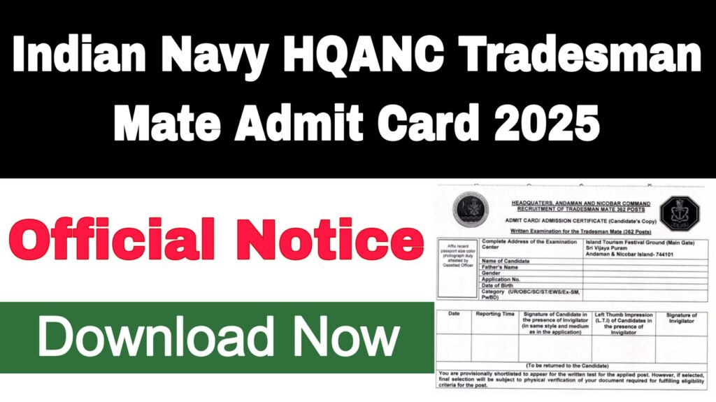 Indian Navy HQANC Tradesman Mate Admit Card 2025